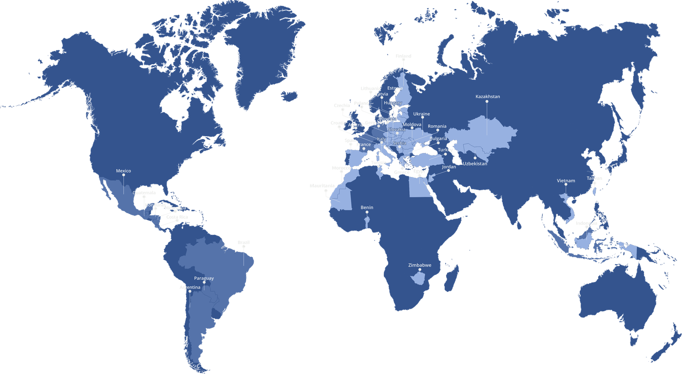 Map of IKAR’s active markets: Argentina, Austria, Benin, Brazil, Bulgaria, Costa Rica, Croatia, Czechia, Egypt, Estonia, Finland, France, Germany, Greece, Guatemala, Honduras, Hungary, Indonesia, Italy, Jordan, Kazakhstan, Latvia, Lithuania, Mauritania, Mexico, Moldova, Morocco, Nicaragua, Paraguay, Poland, Romania, Serbia, Slovakia, Slovenia, Spain, Taiwan, Tunisia, Turkey, Ukraine, Uzbekistan, Vietnam and Zimbabwe.